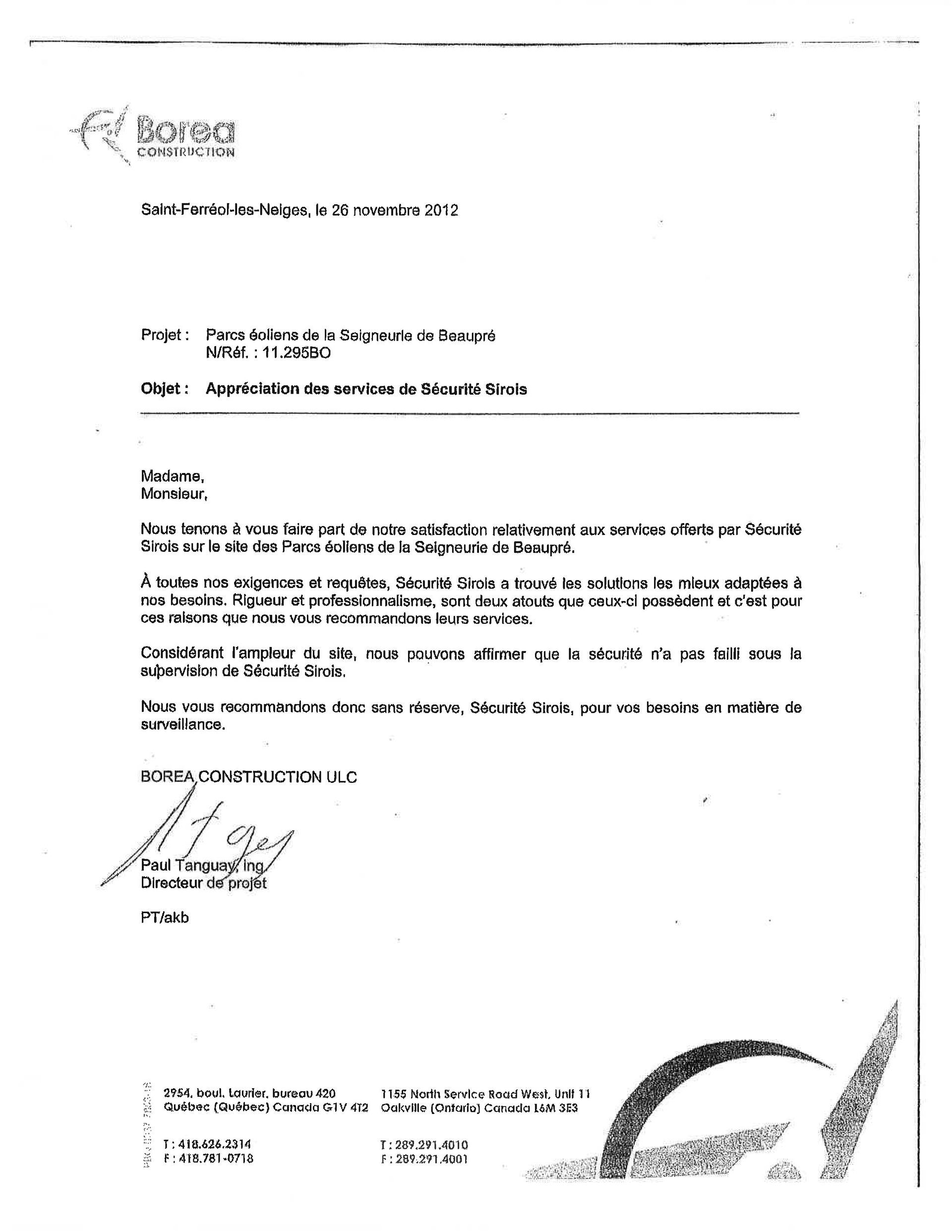 Lettre avec en-tête, date, destinataire et signature.