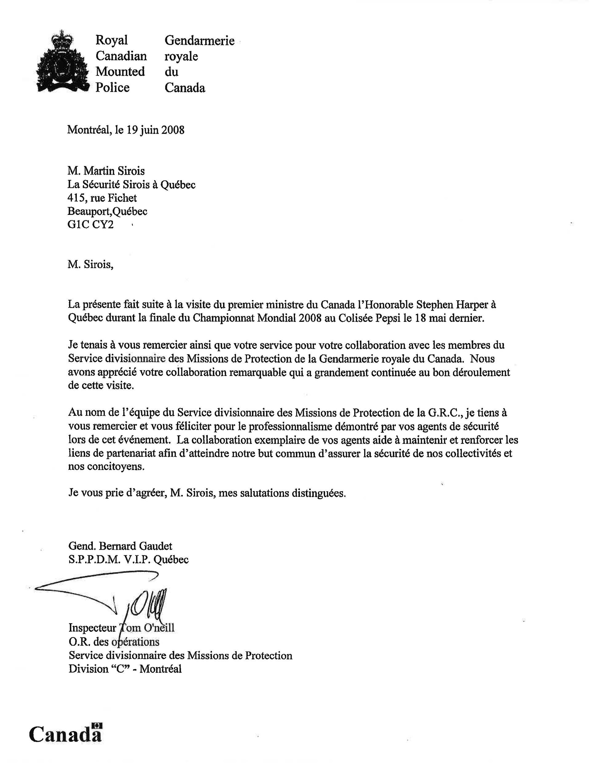 Lettre officielle de la Gendarmerie royale du Canada; signée, avec le logo de la GRC et le drapeau canadien.