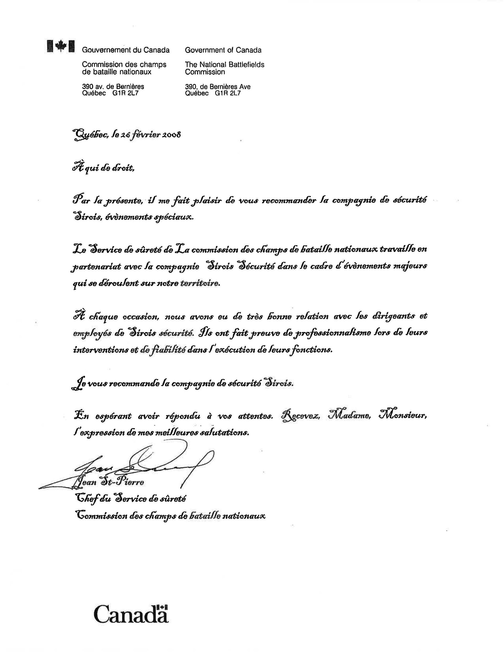 Lettre officielle du gouvernement canadien, signée par une personne titrée. Texte en français.