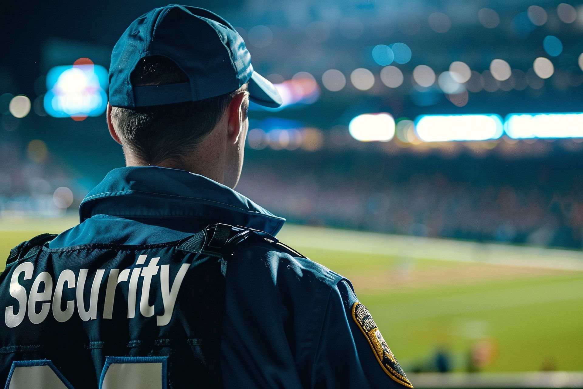 Un agent de sécurité du stade, vêtu d'une veste bleu marine, surveille le terrain la nuit.