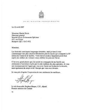 Lettre sur papier à en-tête officiel, signée par Stephen Harper, Premier ministre du Canada, datée du 12 avril 2007.