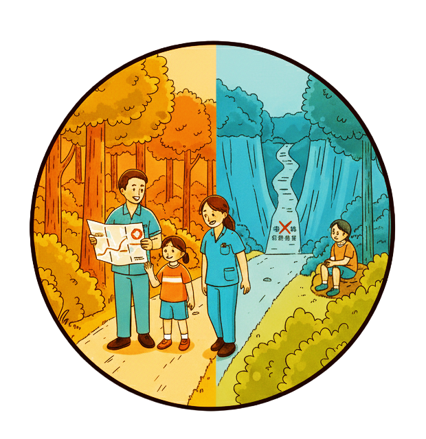 親子戶外探索安全教育,學習辨識危險環境與建立判斷能力|一群人沿著小徑穿過一片色調交錯的森林;其中一條小徑上立著一個帶有 X 的標誌,表示該路段已封閉。