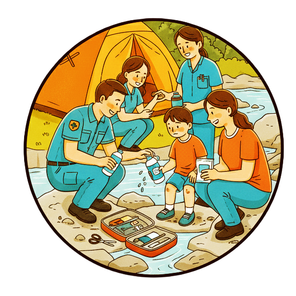 專業醫護支援的親子戶外教育活動,提供安心安全的學習體驗|穿著制服和便服的人們在帳篷和小溪旁為一名兒童提供急救,附近還有一個打開的醫療箱。