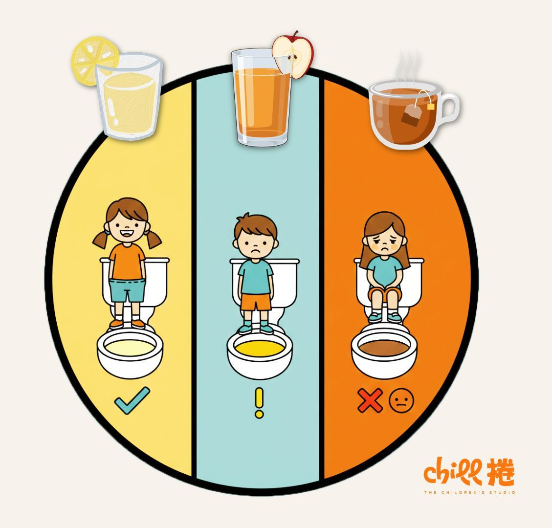 親子戶外健康觀察與從尿液看身體狀態教育示意
