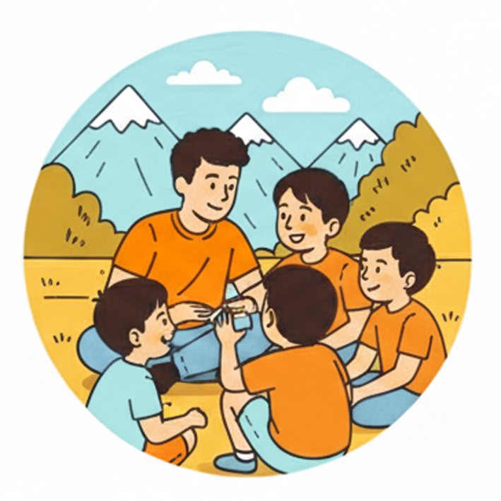 一個人坐在山間戶外,與圍成一圈的四個孩子互動。
