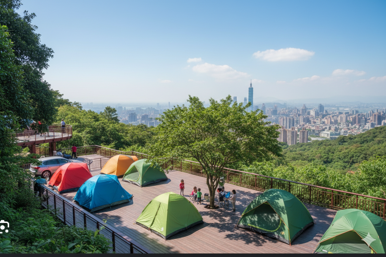 色彩繽紛的露營帳篷坐落在木製觀景台上，可欣賞台北市天際線和101大樓的優美景色。