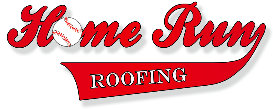 A logo for home run roofing with a baseball on it