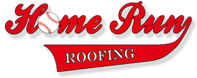 A logo for home run roofing with a baseball on it
