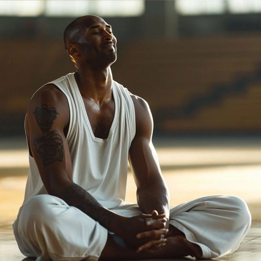 A man is sitting on the floor with his legs crossed and his eyes closed