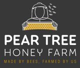 A logo for pear tree honey farm made by bees farmed by us