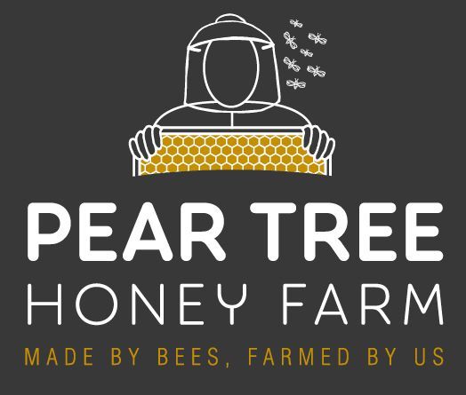 A logo for pear tree honey farm made by bees farmed by us