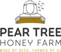 The logo for pear tree honey farm is made by bees , farmed by us.