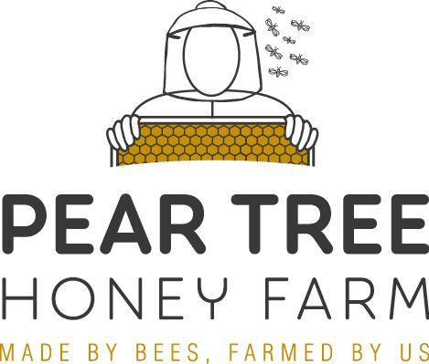 The logo for pear tree honey farm is made by bees , farmed by us.