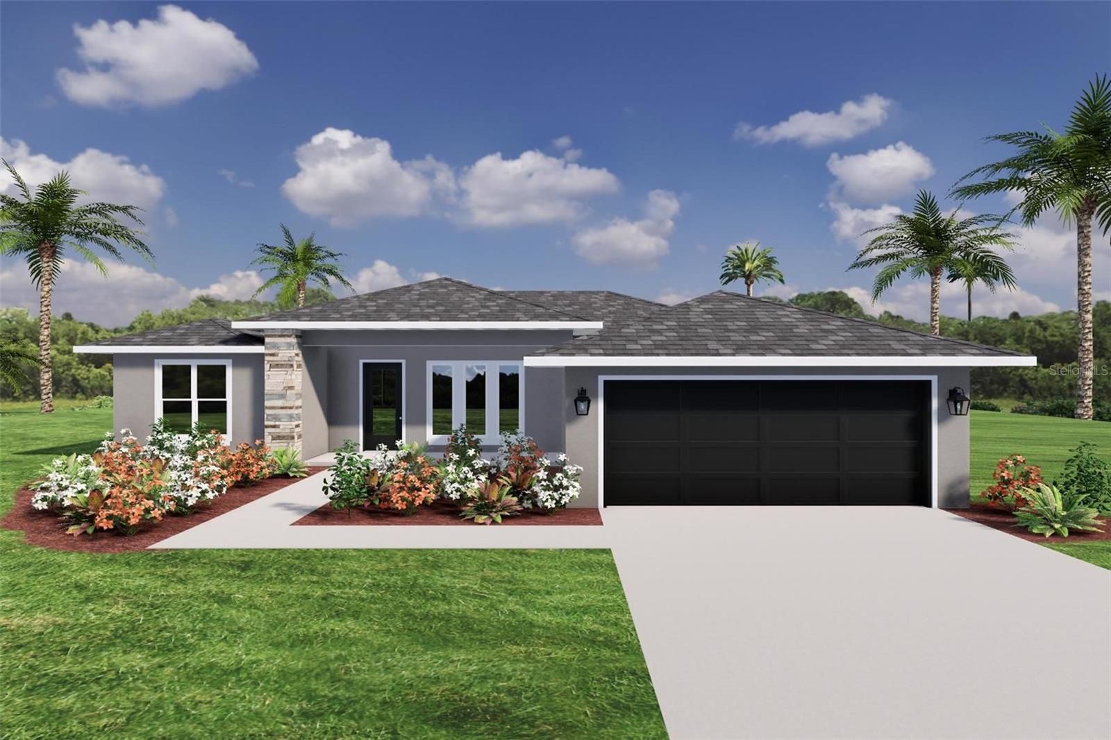 A light gray single-story house with a black garage door and palm trees under a blue sky.