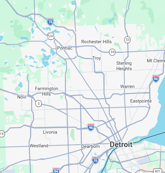 Map of the Metro Detroit area, including Wayne, Oakland, and Macomb Counties, where Faithful Haven provides home care.