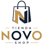 Logo de TIENDA NOVO SHOP con bolsa de compras y letras dorado y azul marino.