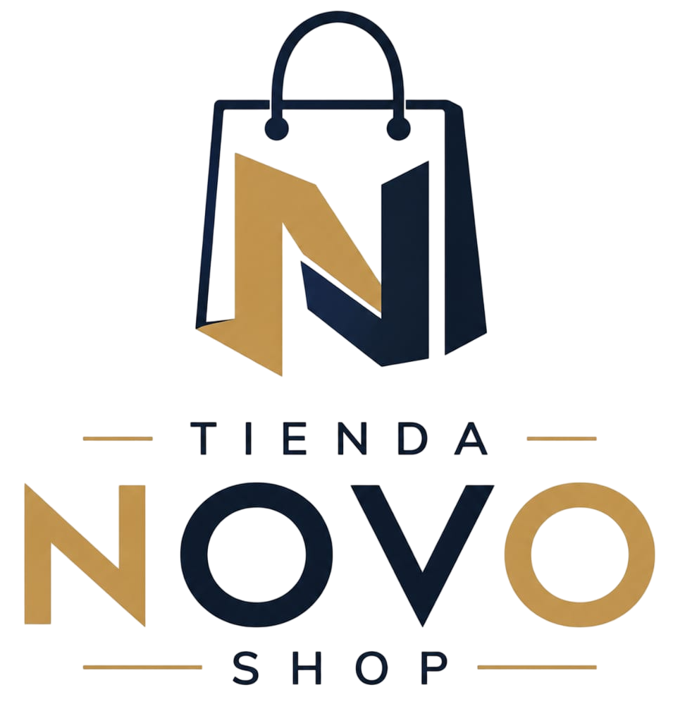 Logo de TIENDA NOVO SHOP con bolsa de compras y letras dorado y azul marino.