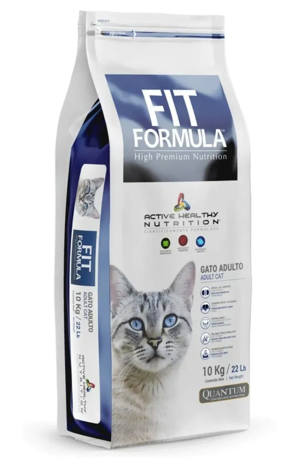 Bolsa de comida para gatos FIT Formula azul y blanca con ilustración de la cara de un gato y el logotipo de las croquetas.