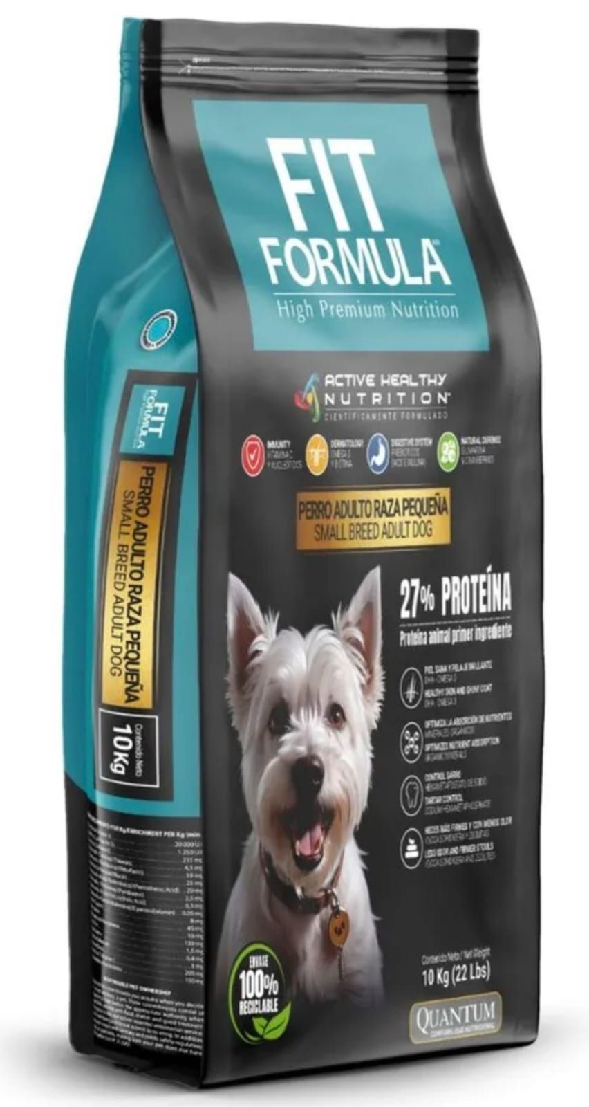 Bolsa de comida para perros Fit Formula, envase negro y turquesa con la imagen de un terrier blanco