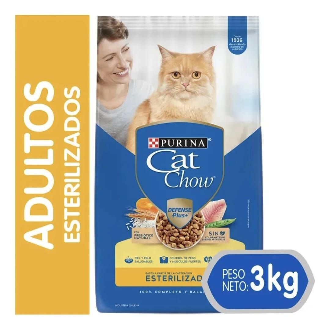 Bolsa de comida esterilizada para gatos adultos Cat Chow, azul y amarilla, 3 kg.
