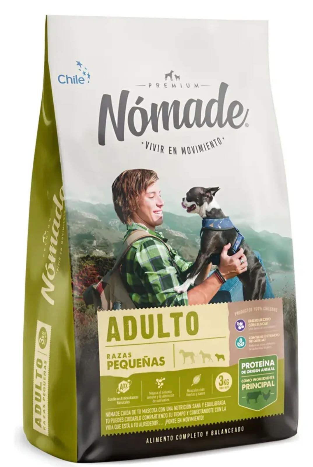 Bolsa de comida para perros adultos con la imagen de un hombre sosteniendo un perro, envase verde y beige.