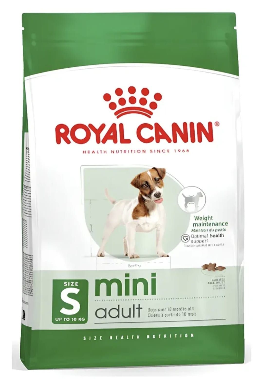 Bolsa de comida para perros Royal Canin Mini Adult, envase blanco y verde con la foto de un perro pequeño.