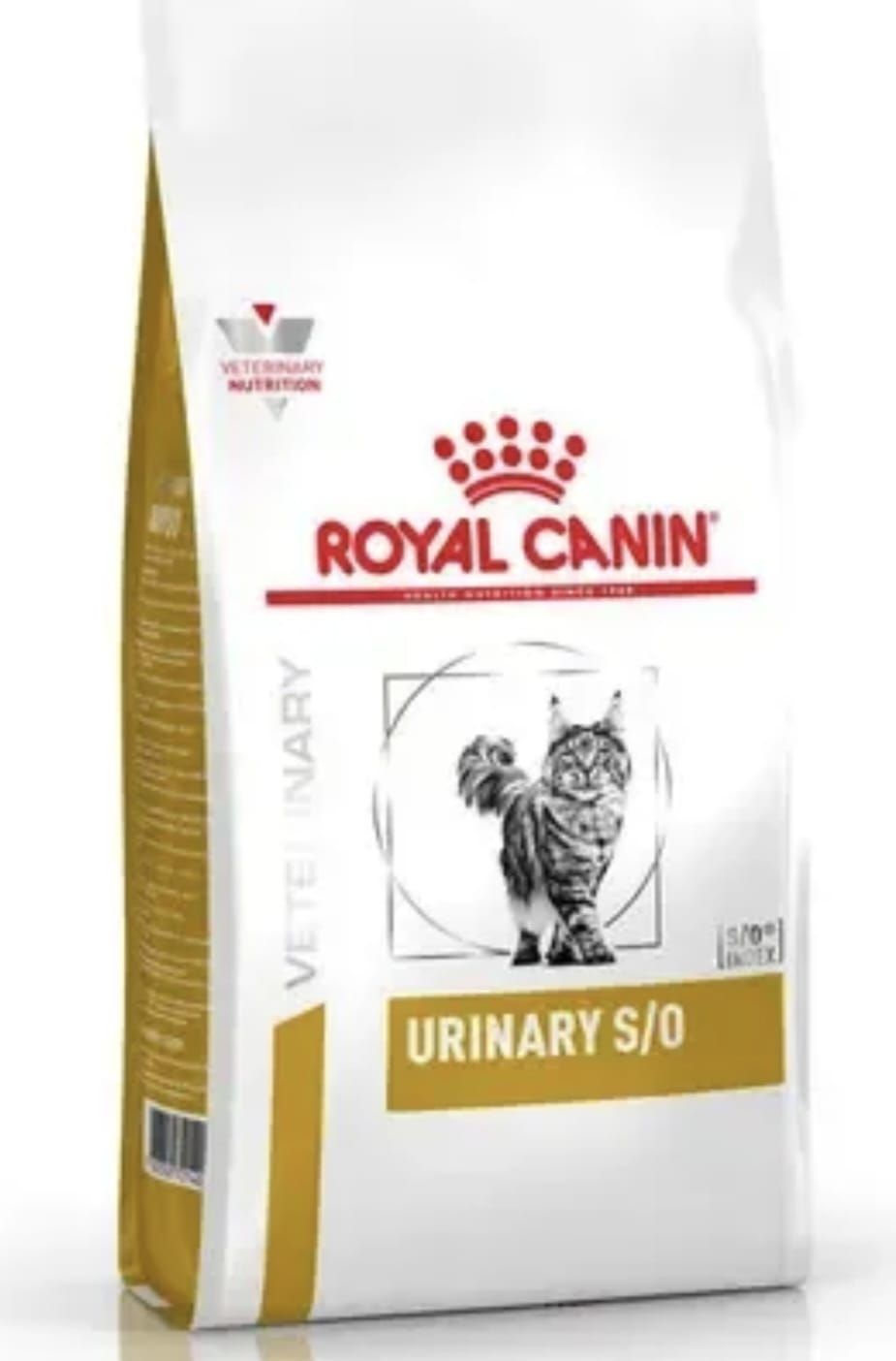 Bolsa de alimento veterinario para gatos Royal Canin Urinary S/O, envase blanco y dorado con ilustración de un gato.