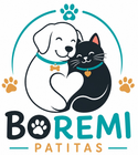 Logotipo de un perro blanco y un gato negro acurrucados dentro de un círculo turquesa con el texto “BOREMI PATITAS”
