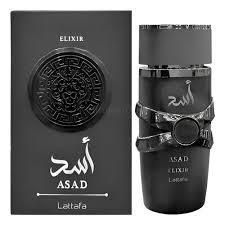 Frasco de perfume Black Lattafa Asad Elixir y caja a juego con detalles plateados.