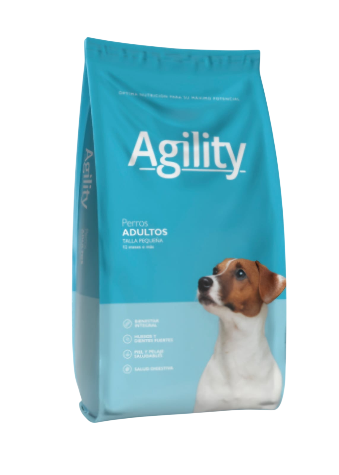 Bolsa de comida para perros adultos Turquoise Agility con una foto de un perro en la parte delantera.