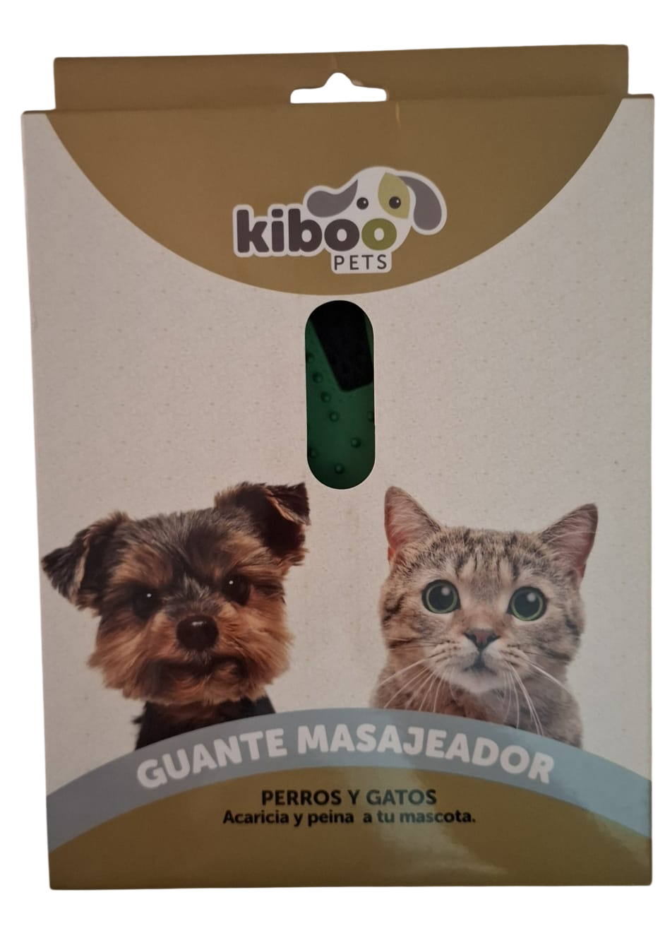 Embalaje para el guante de masaje para perros y gatos de Kibo Pets, con fotos de perros y gatos en una caja beige.