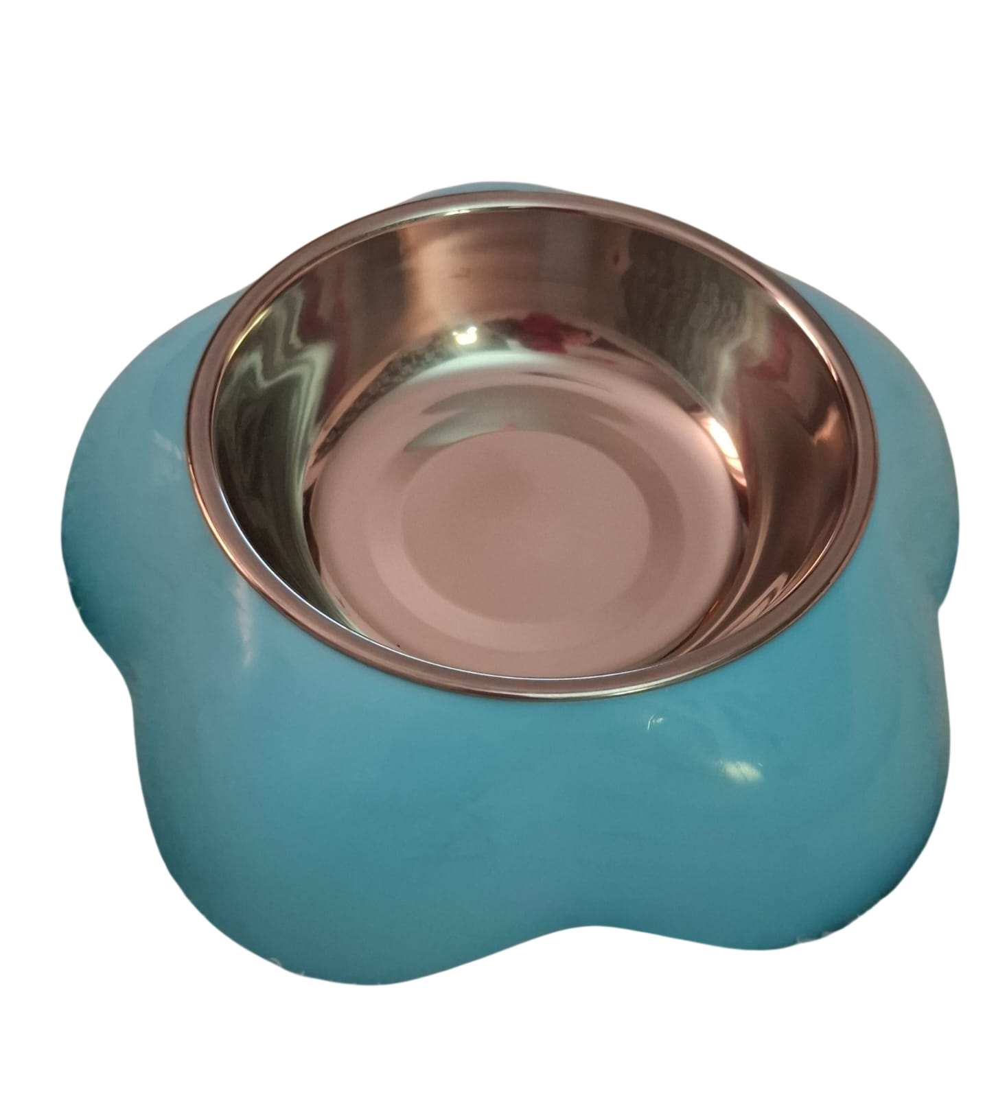 Comedero para mascotas azul con forma de pétalo e inserto de acero inoxidable brillante.