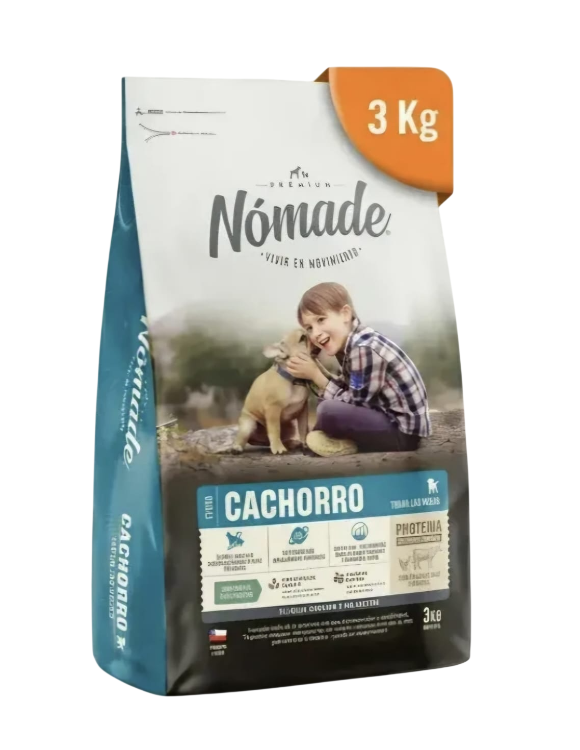 Bolsa de comida para perros Nómade Cachorro, 3 kg, envase blanco y marrón con un cachorro y un niño en la parte frontal.