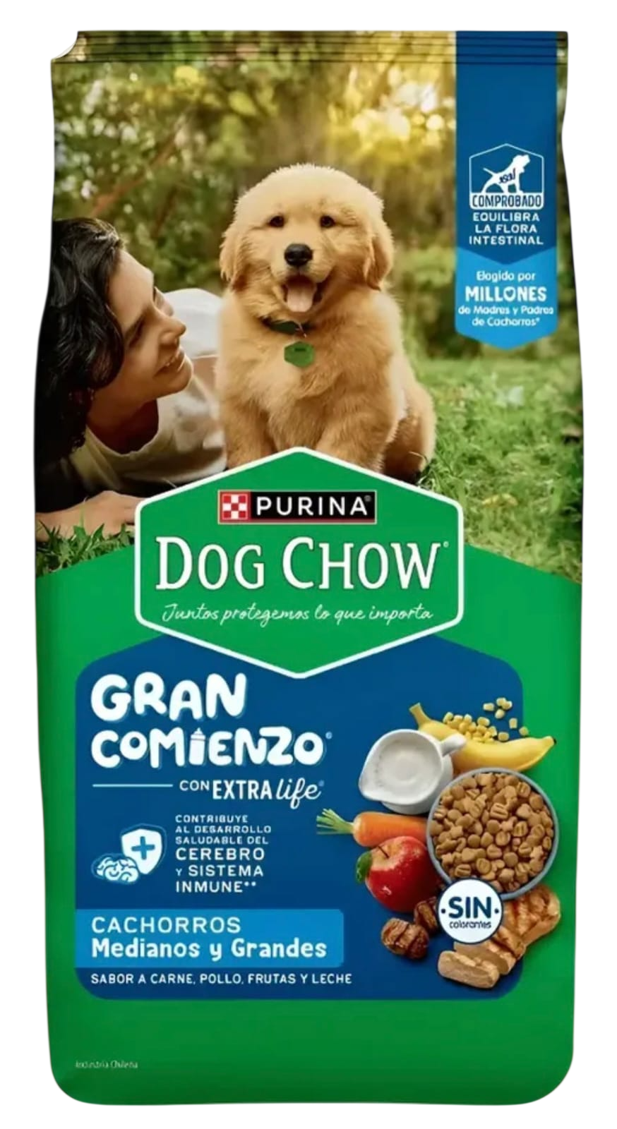 Bolsa de comida para cachorros Purina Dog Chow Gran Comienzo con un pequeño cachorro en la parte delantera.
