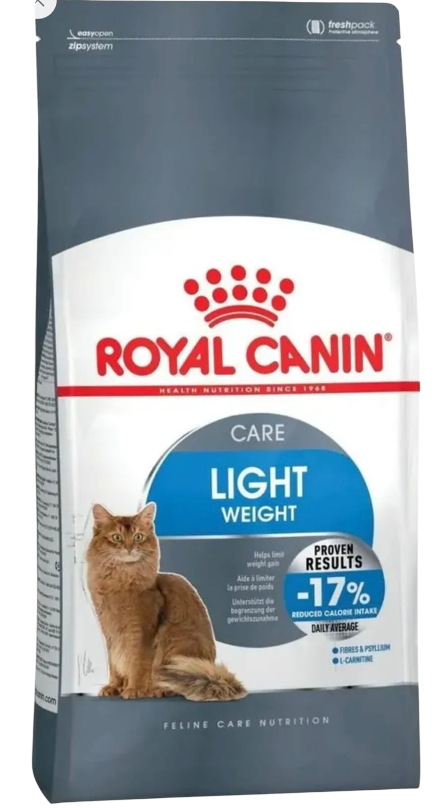 Bolsa de comida para gatos Royal Canin Light Weight, gris y blanca con foto de gato y logotipo rojo.