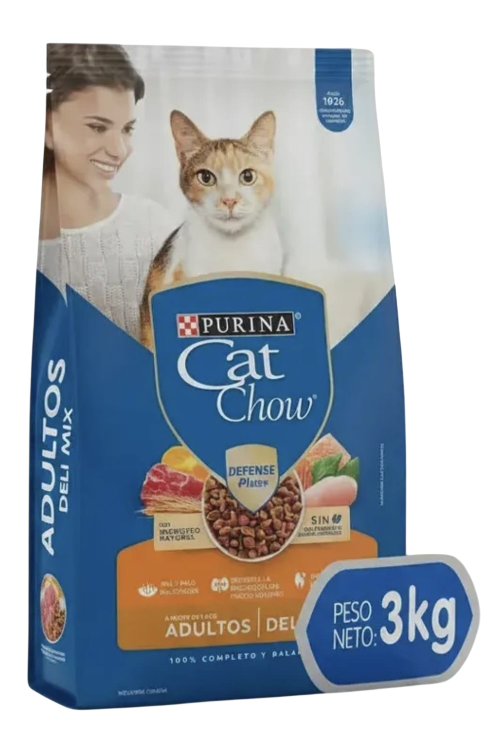 Bolsa de comida para gatos Purina Cat Chow Adultos, azul y naranja, paquete de 3 kg con imagen de un gato y una mujer.