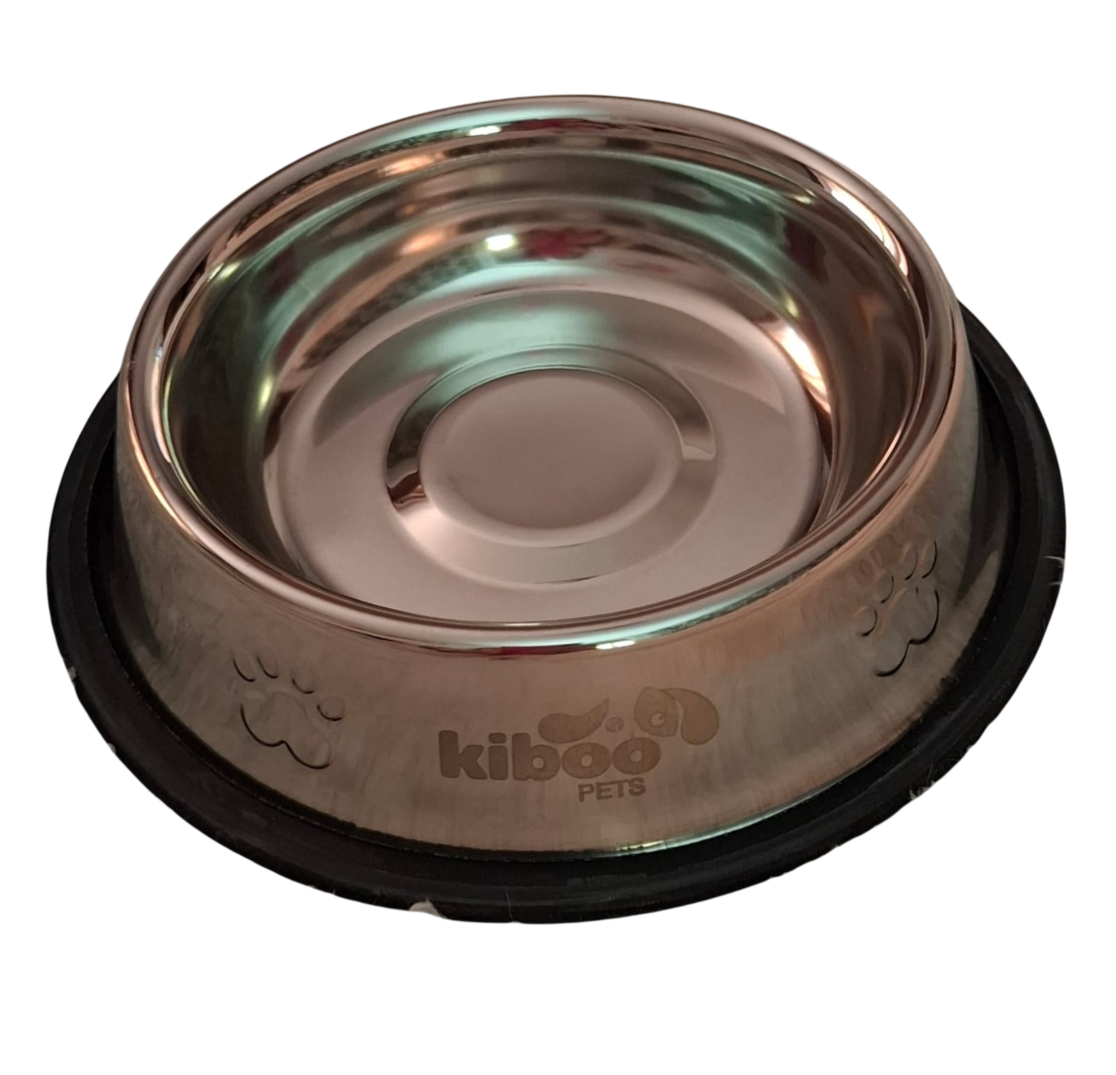 Comedero para mascotas de acero inoxidable con base de goma negra y logotipo de Kiboo en el lateral.