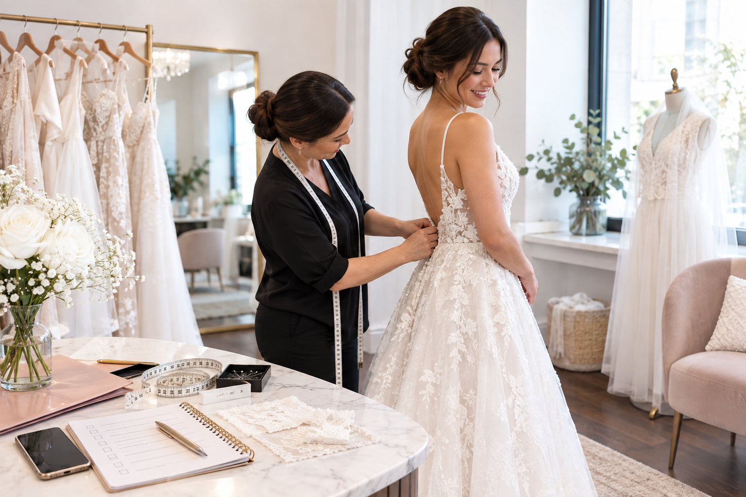 Bridal shop fitting with a seamstress adjusting a bride’s lace wedding dress.