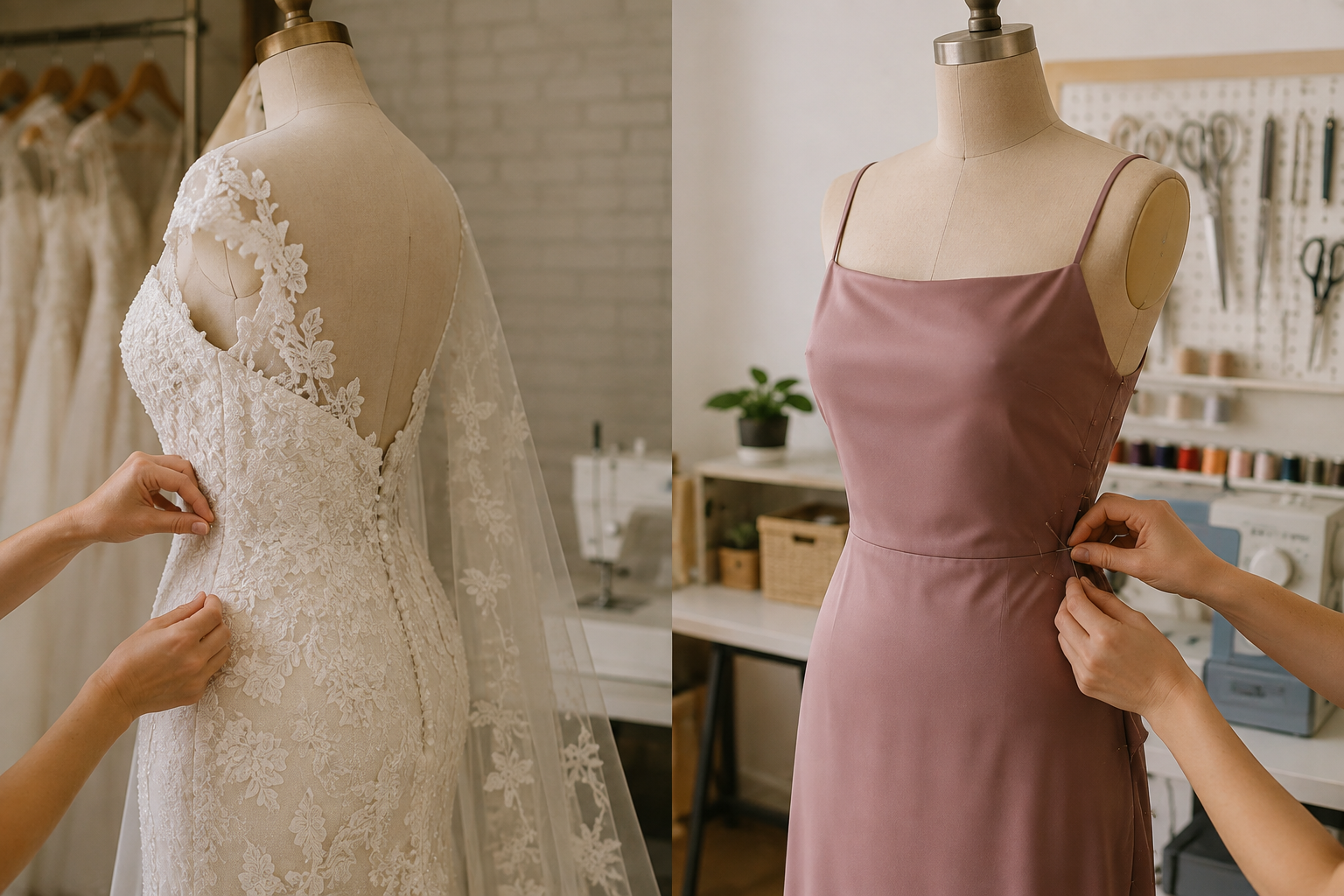Two wedding dresses on mannequins being adjusted in a bridal atelier