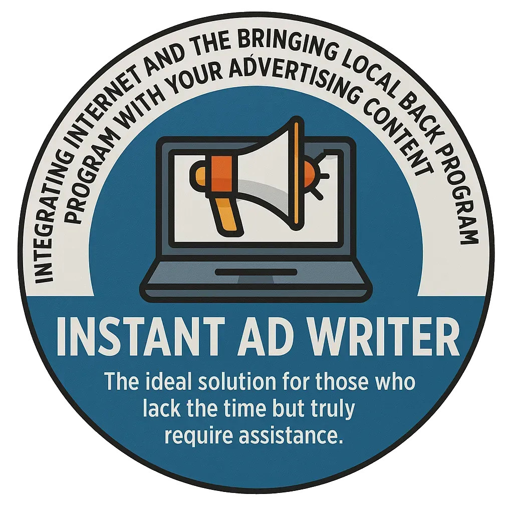 Badge with a laptop displaying a megaphone icon, text reads: 
