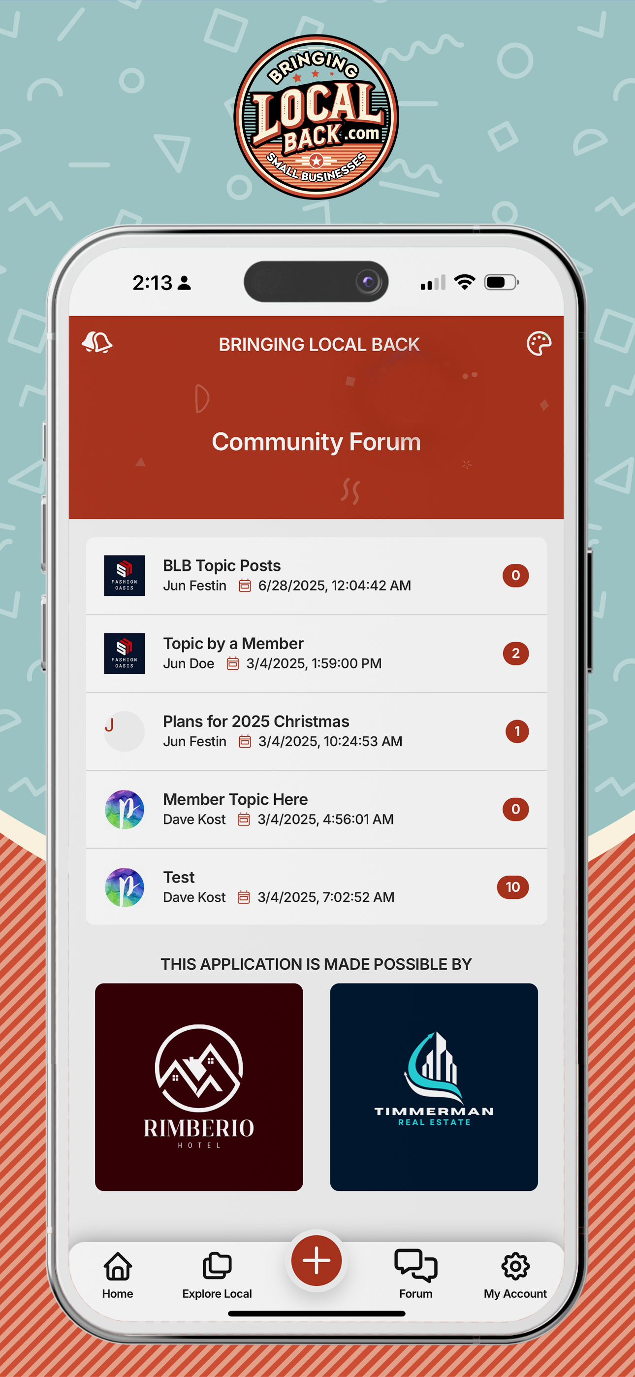 A cell phone with a community forum app open on it.