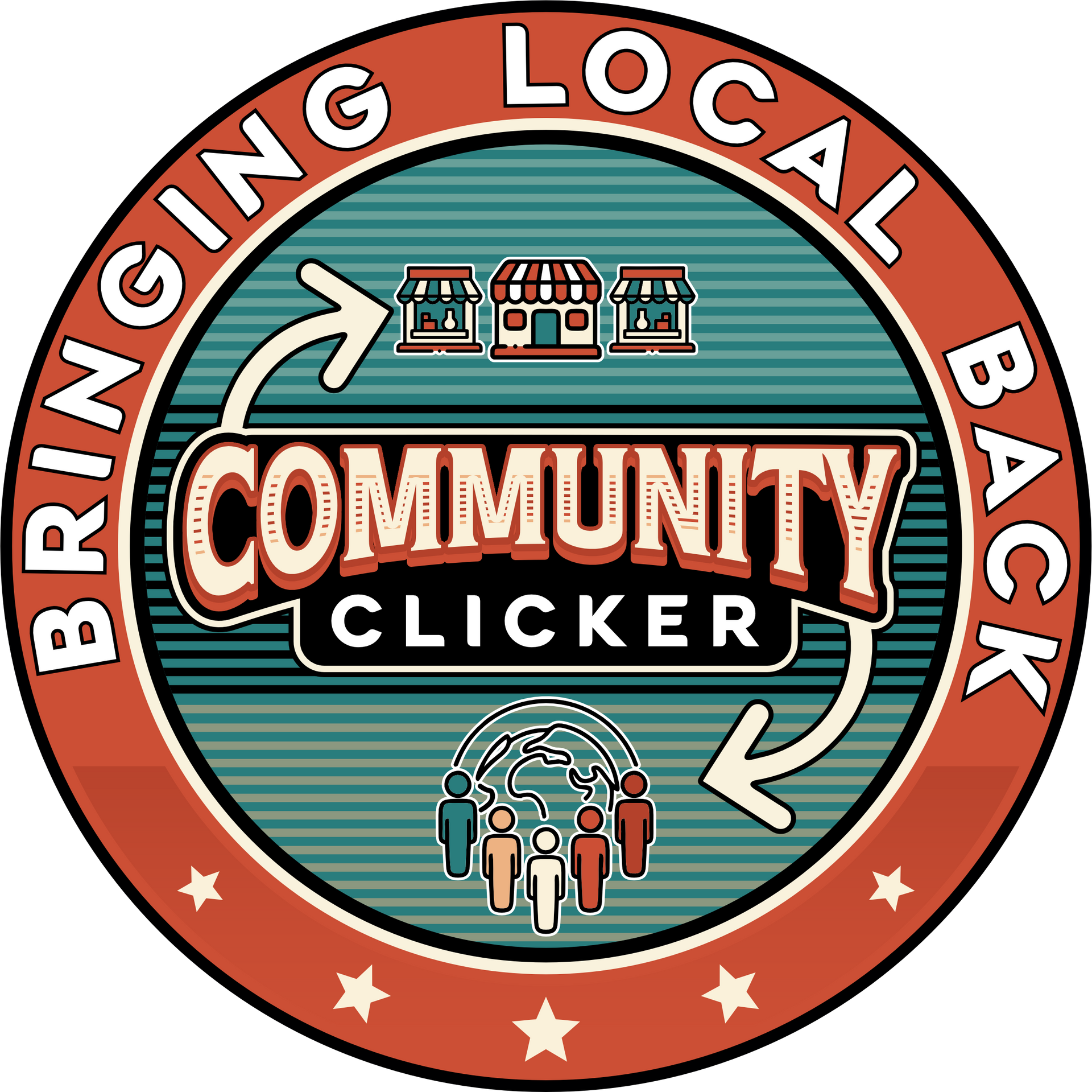 Community Clicker logo with shops, people, arrows, and text 