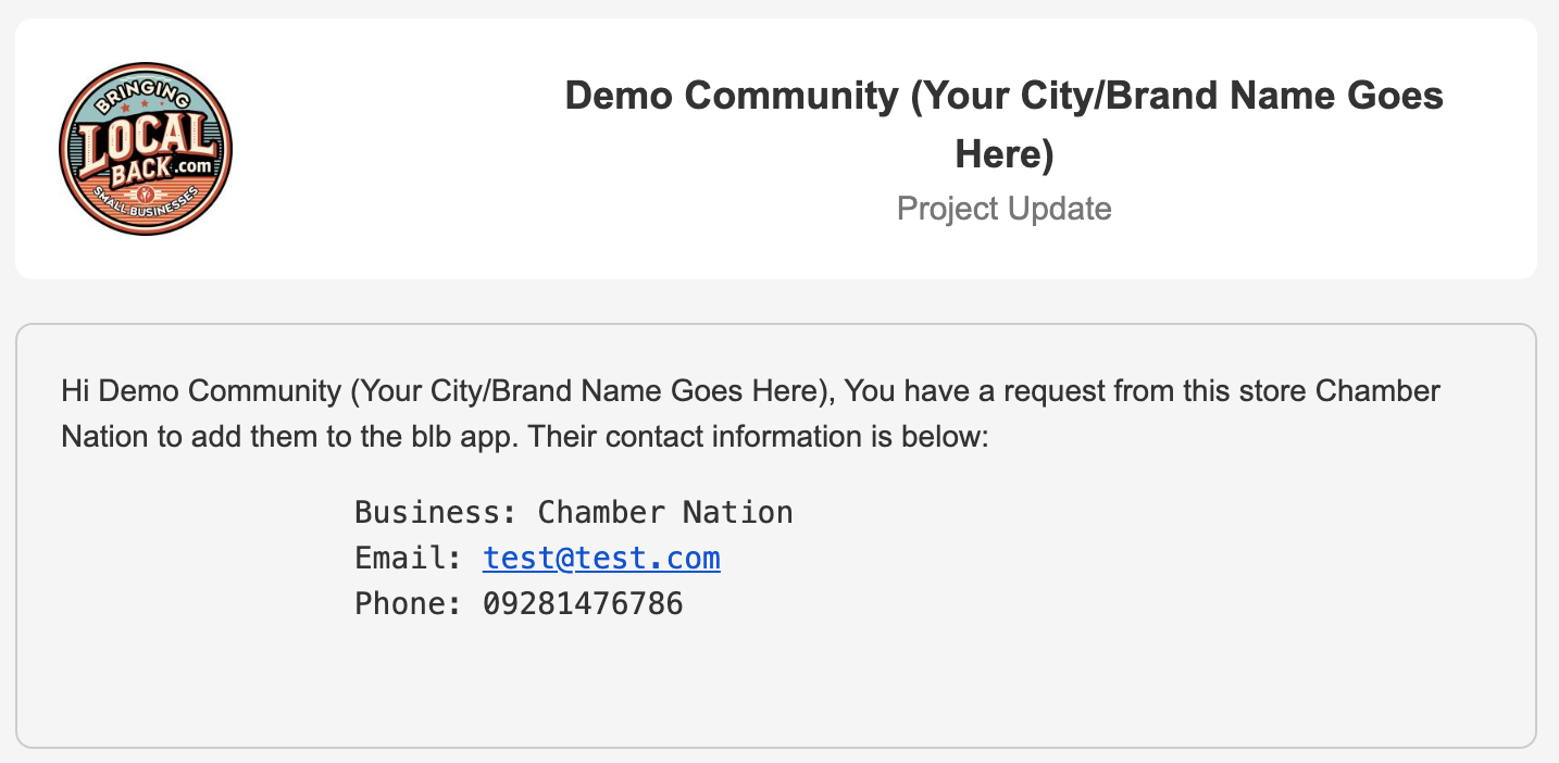Email notification from a local community app. Details include business information: name, email, and phone.
