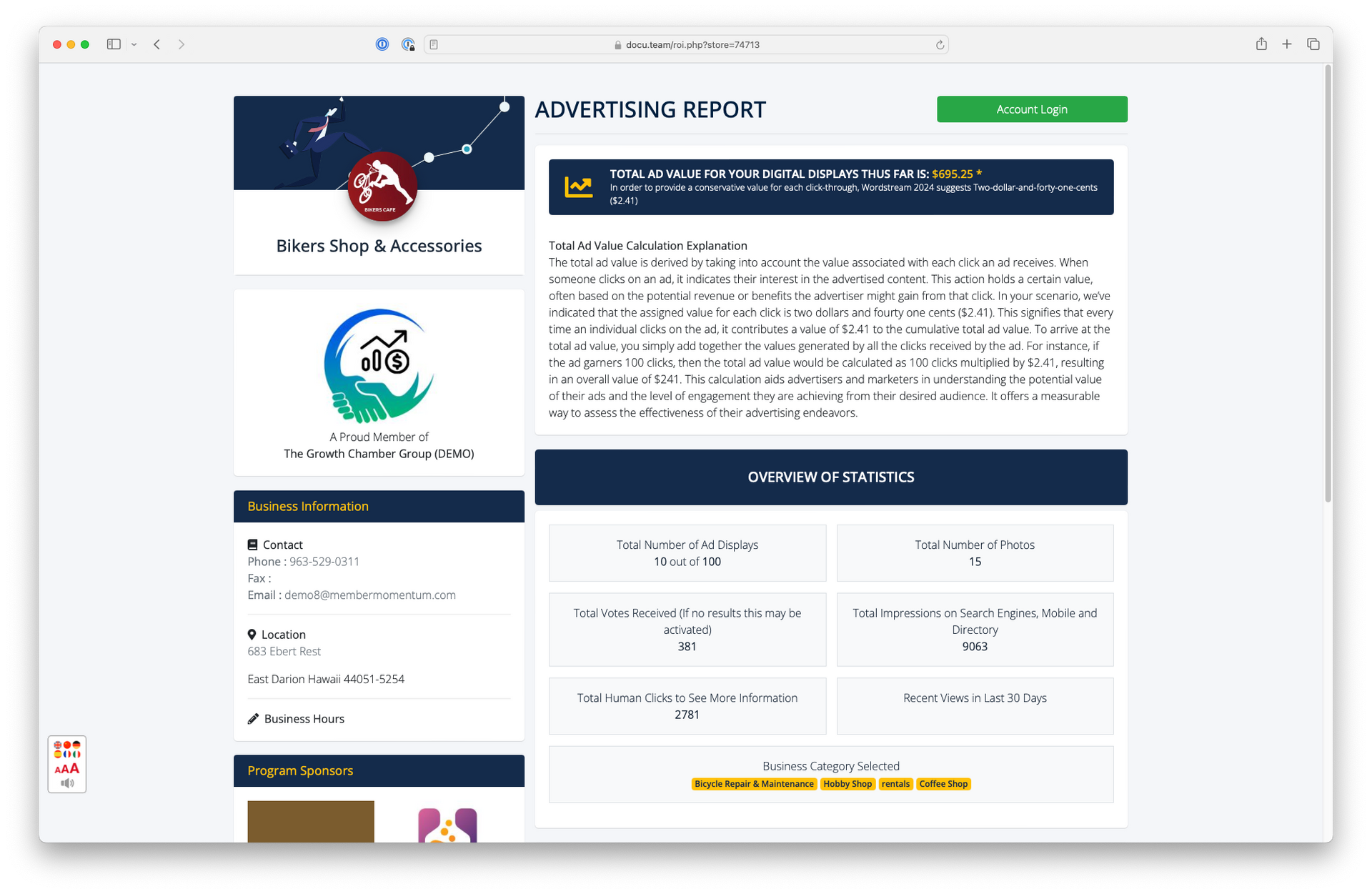 Webpage layout of an advertising report with a logo, header, and content boxes.