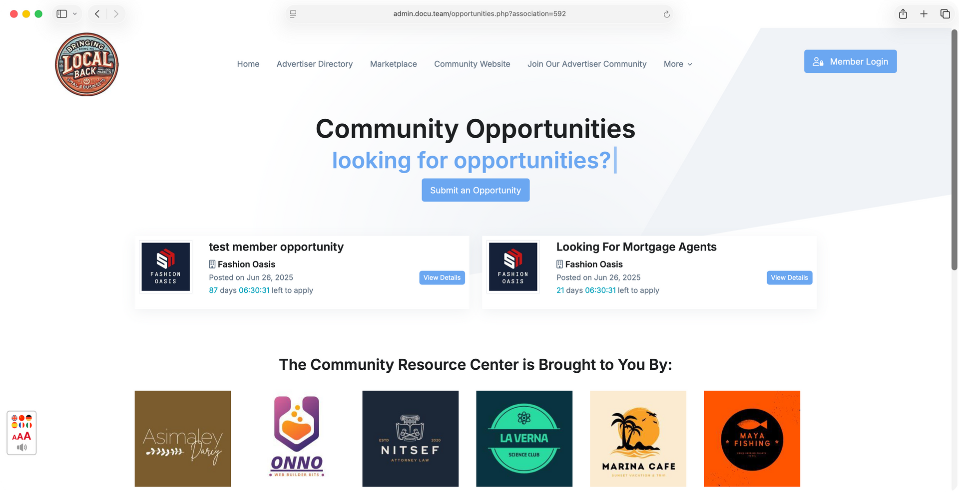 A screenshot of a website that says community opportunities looking for opportunities