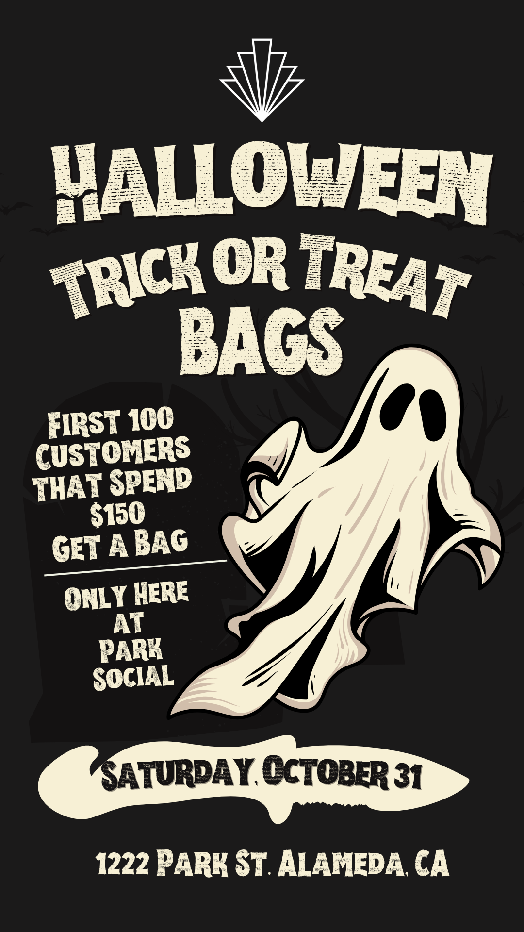 Halloween trick-or-treat bag sale poster with ghost illustration, black background, and event details.