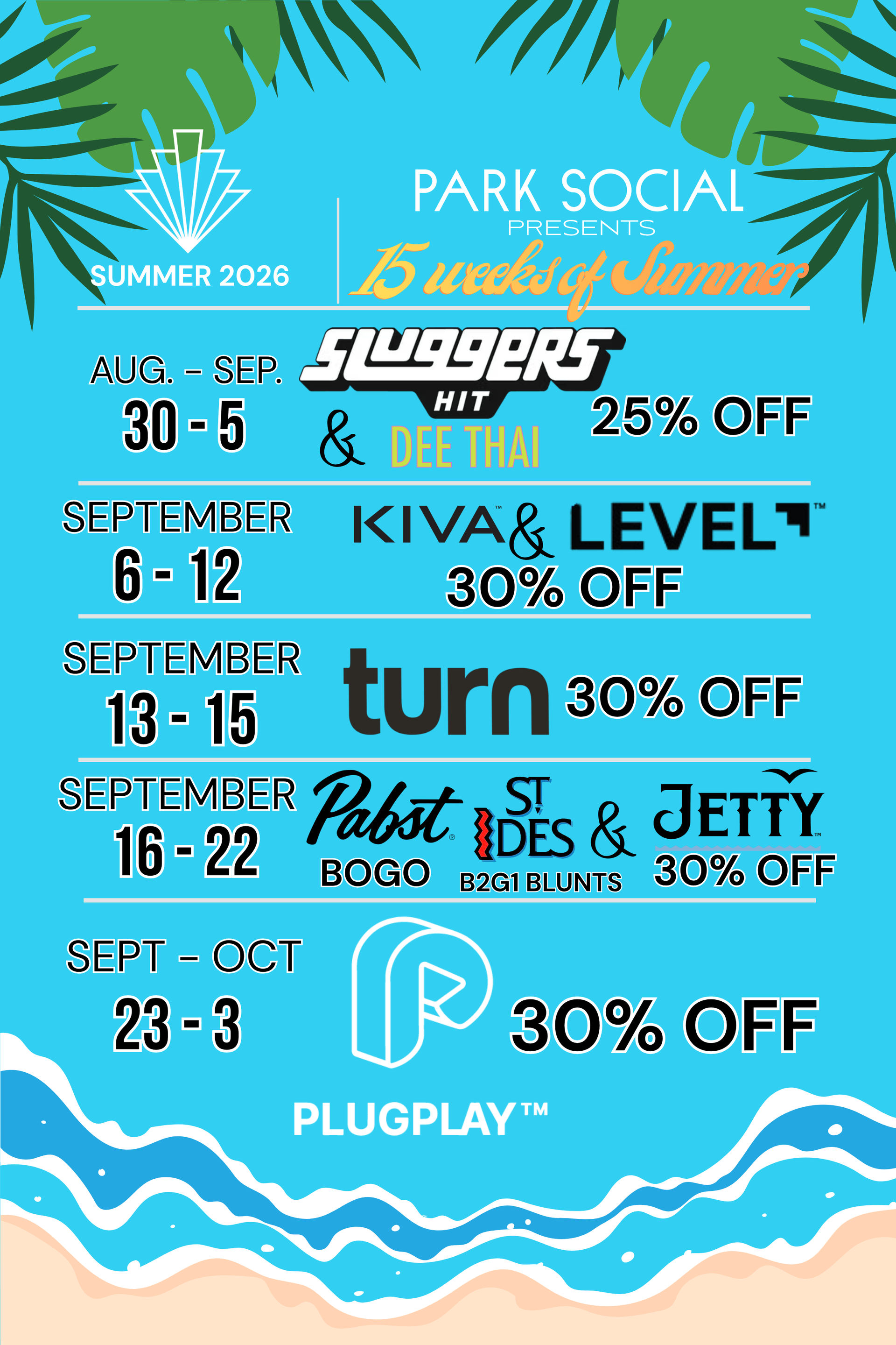 Summer 2016 Park Social deals flyer with surfboard graphics and blue tropical background, listing weekly discounts.