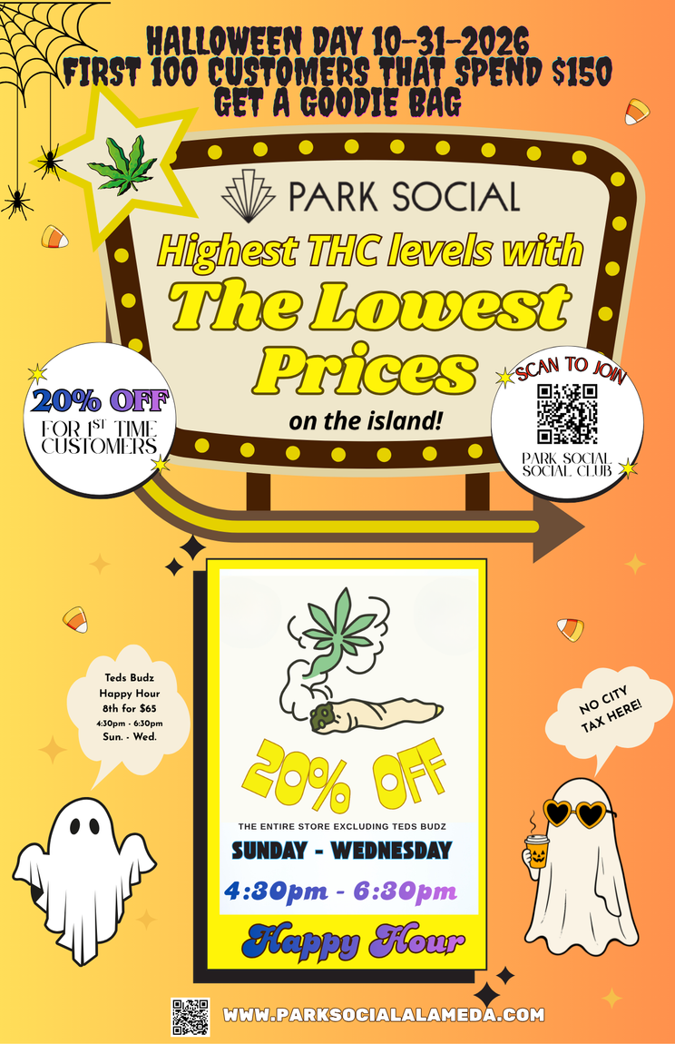 Park Social promo poster in yellow and purple, advertising low prices and happy hour specials.