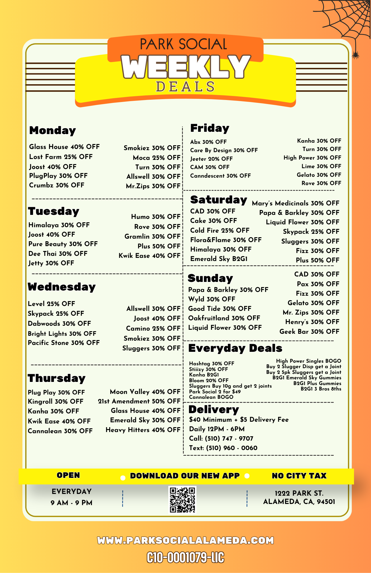 Weekly Park Social event schedule poster with purple header and yellow background, listing activities and times.