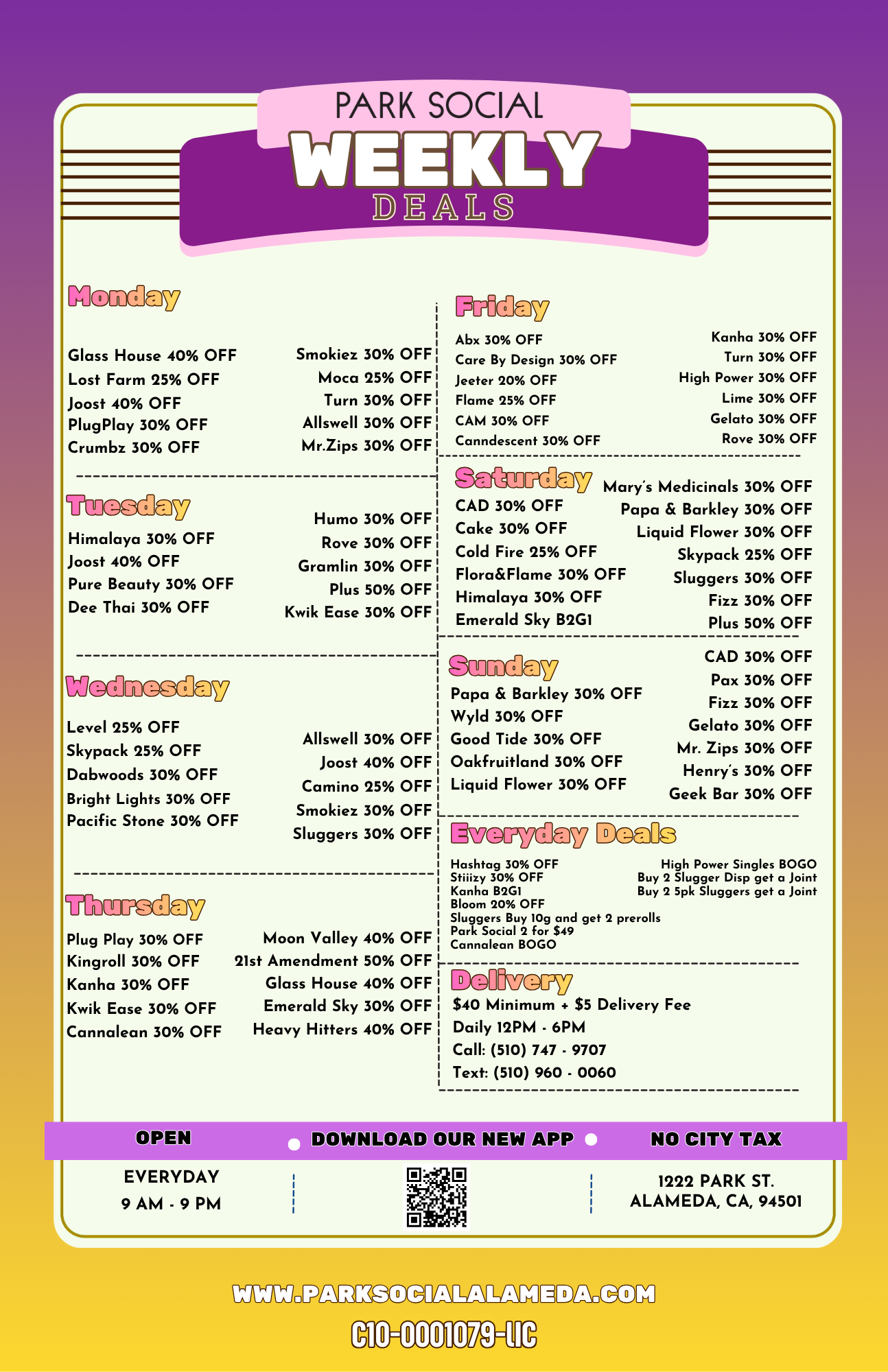 Weekly Park Social event schedule poster with purple header and yellow background, listing activities and times.